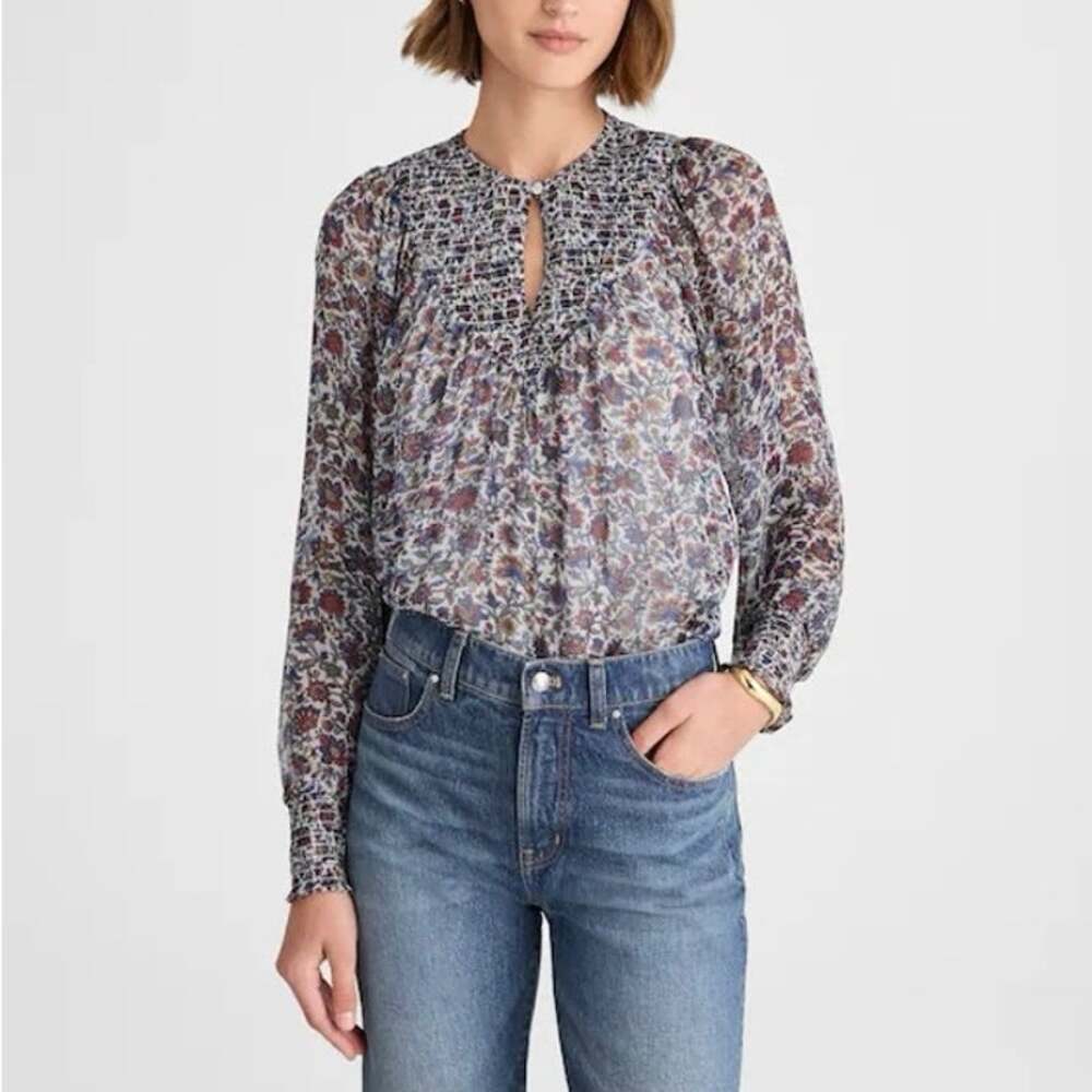 NWT Madewell Smocked Split Crewneck Top Sheer Floral Cherry Red Size Medium